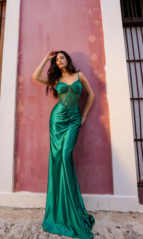 Nox Anabel E1292 Satin Prom Dress with Lace-Up Corset Bodice