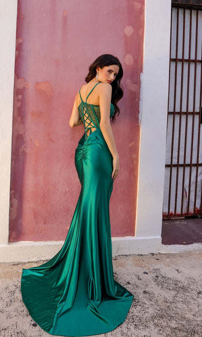 Nox Anabel E1292 Satin Prom Dress with Lace-Up Corset Bodice