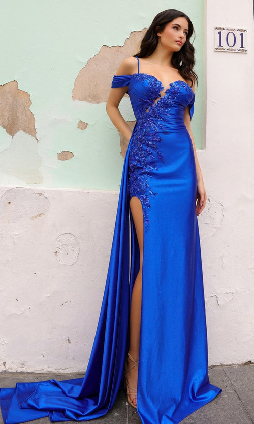 Nox Anabel E1451 Formal Cold-Shoulder Long Corset-Back Prom Dress