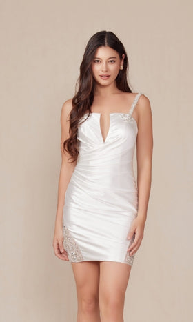 Nox Anabel E912W Chic Silver-Beaded Short White Homecoming Dress