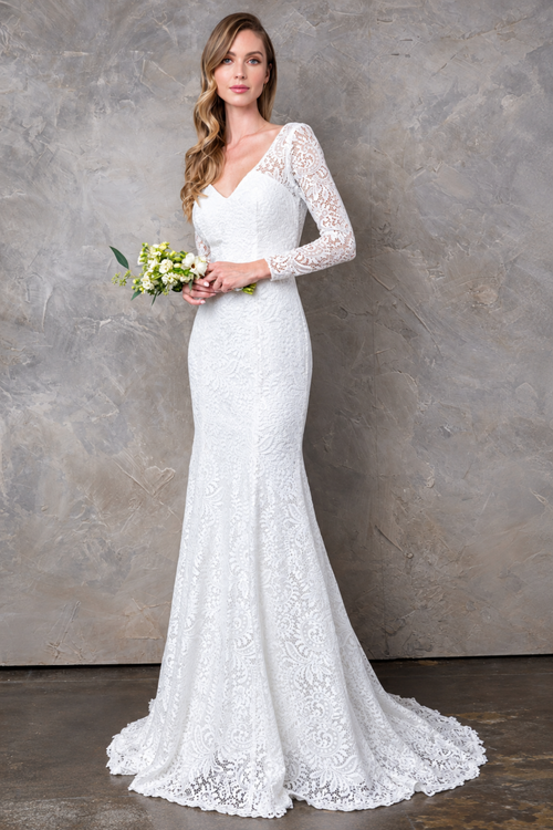 EVA USA 3407 White Ivory Lace Bridal Gown with Illusion Long Sleeves, V-Neckline, Open Back, and Sweep Train