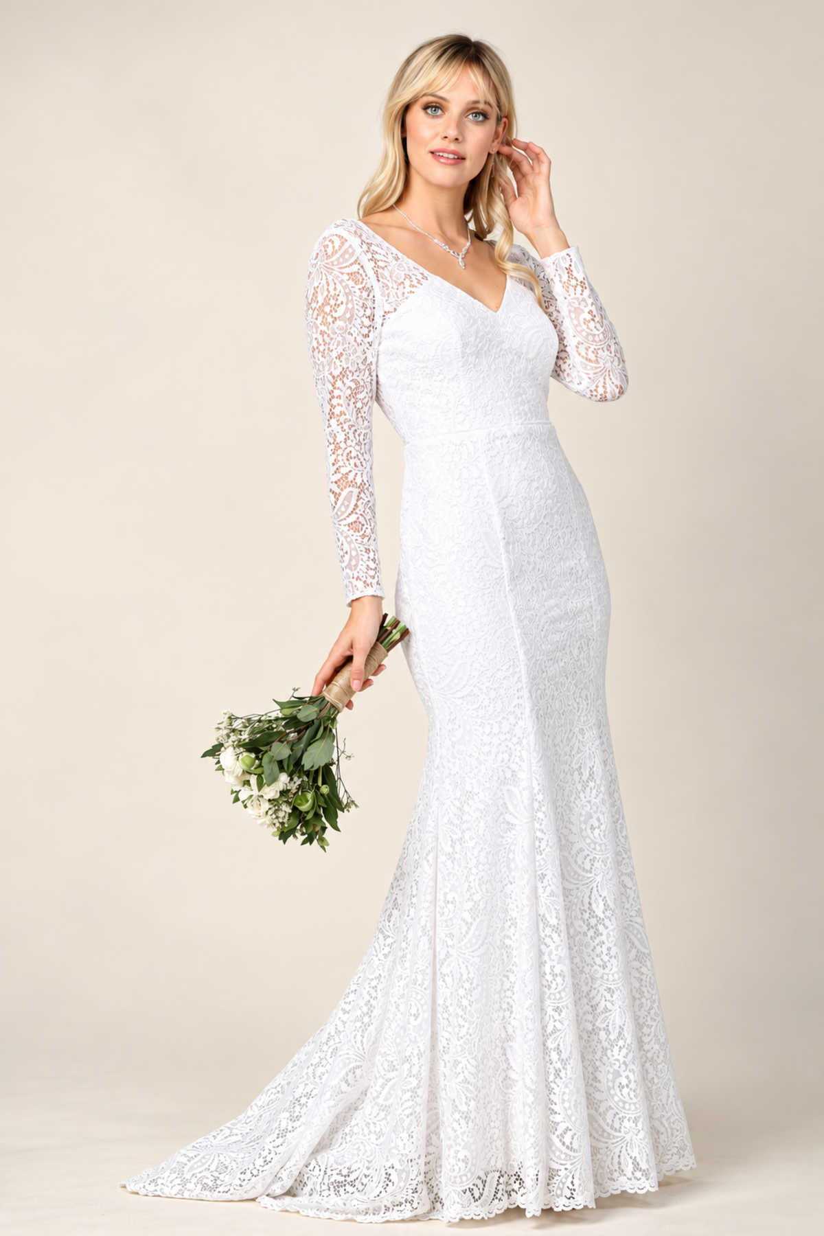 EVA USA 3407 White Ivory Lace Bridal Gown with Illusion Long Sleeves, V-Neckline, Open Back, and Sweep Train