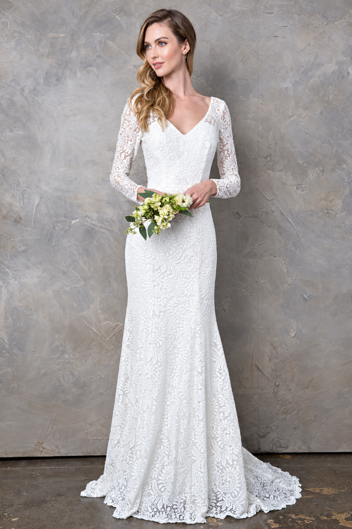 EVA USA 3407 White Ivory Lace Bridal Gown with Illusion Long Sleeves, V-Neckline, Open Back, and Sweep Train