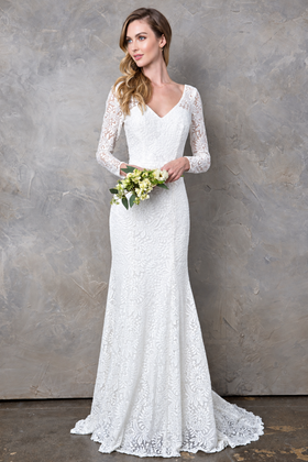 EVA USA 3407 White Ivory Lace Bridal Gown with Illusion Long Sleeves, V-Neckline, Open Back, and Sweep Train
