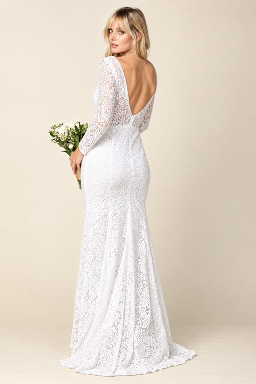 EVA USA 3407 White Ivory Lace Bridal Gown with Illusion Long Sleeves, V-Neckline, Open Back, and Sweep Train