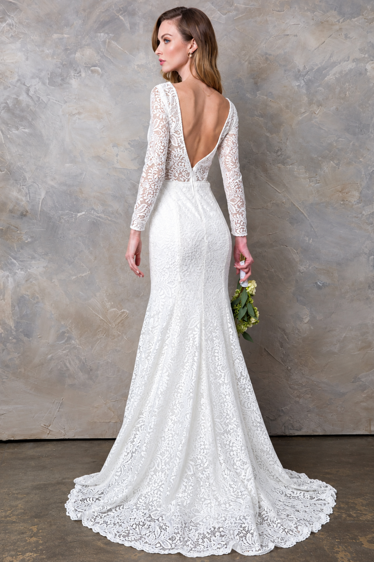 EVA USA 3407 White Ivory Lace Bridal Gown with Illusion Long Sleeves, V-Neckline, Open Back, and Sweep Train