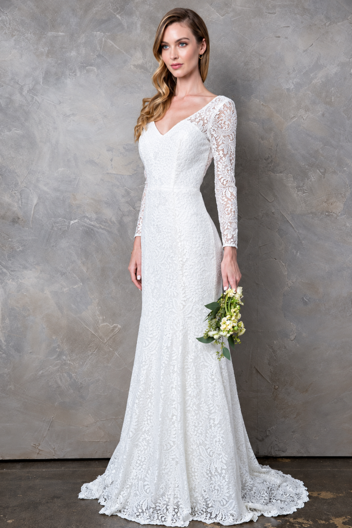EVA USA 3407 White Ivory Lace Bridal Gown with Illusion Long Sleeves, V-Neckline, Open Back, and Sweep Train