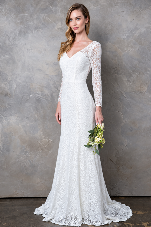 EVA USA 3407 White Ivory Lace Bridal Gown with Illusion Long Sleeves, V-Neckline, Open Back, and Sweep Train