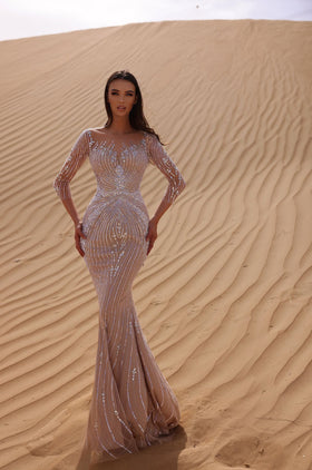 Chic and Holland EW990012 Long Sleeve Beaded Evening Gown