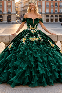 Emerald Green Charro Quinceanera Dress Sweetheart Ruffled Ball Gown by Elizabeth K GL3637