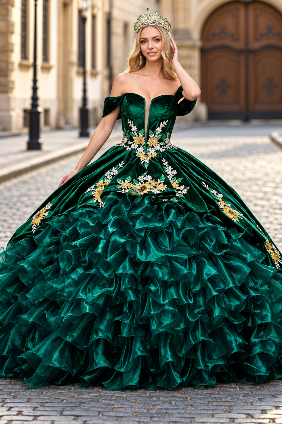 Emerald Green Charro Quinceanera Dress Sweetheart Ruffled Ball Gown by Elizabeth K GL3637