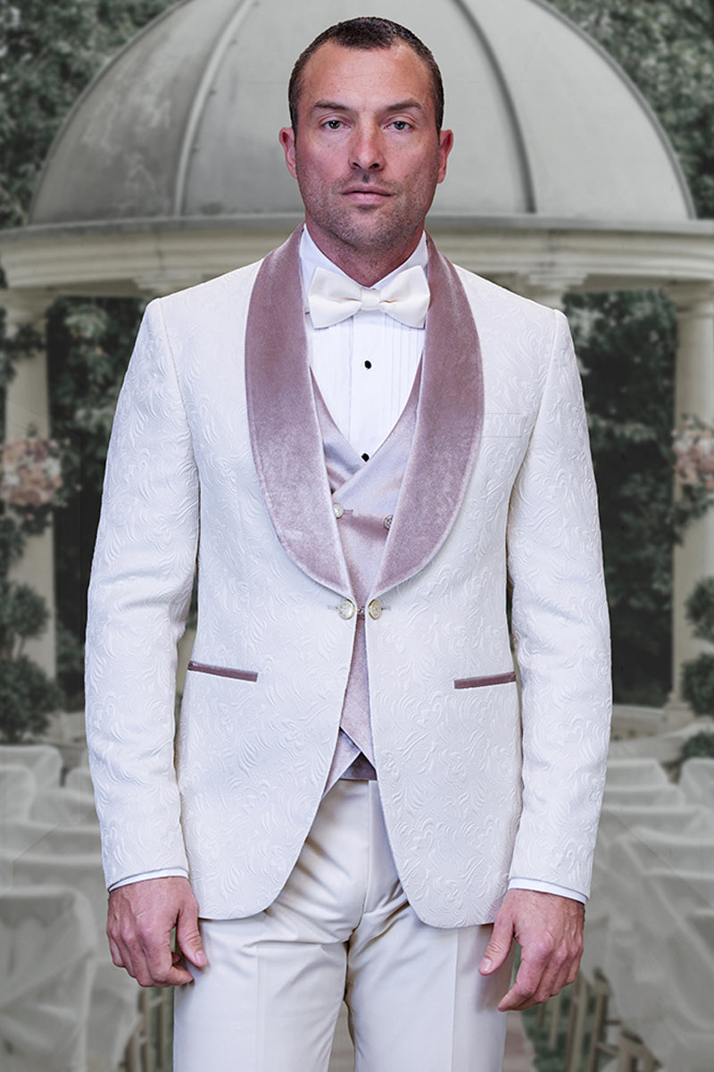 Esmoquin de boda y graduación con estampado paisley a tono para hombre, con solapa de terciopelo y chaleco en color marfil.