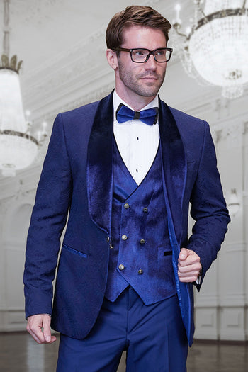 Esmoquin de boda y graduación con estampado paisley a tono para hombre, con solapa de terciopelo y chaleco en azul zafiro.