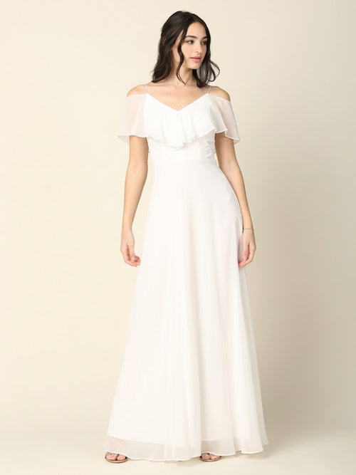Cold-Shoulder Chiffon Wedding Gown with Ruffle Bodice by Eva USA 3263