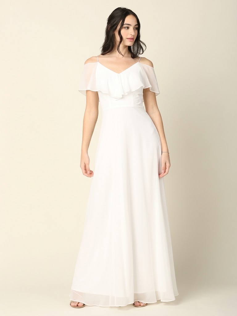 Cold-Shoulder Chiffon Wedding Gown with Ruffle Bodice by Eva USA 3263