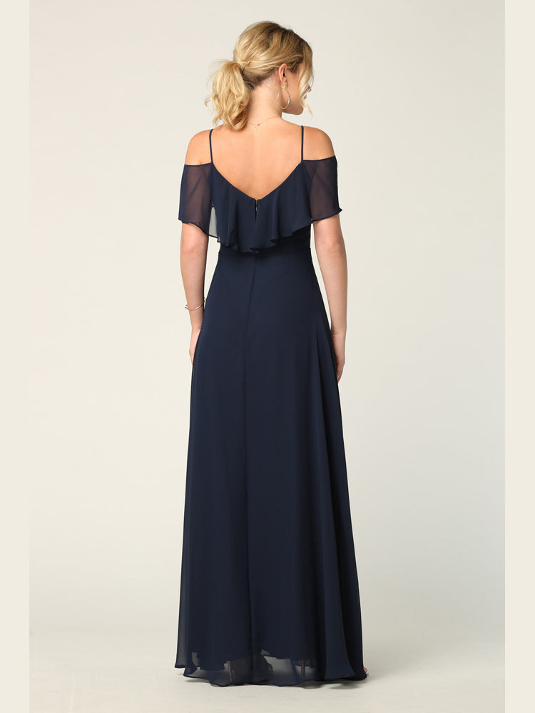 Cold Shoulder Chiffon Maxi Dress with Ruffle Overlay Formal Evening Gown By Eva USA 3263