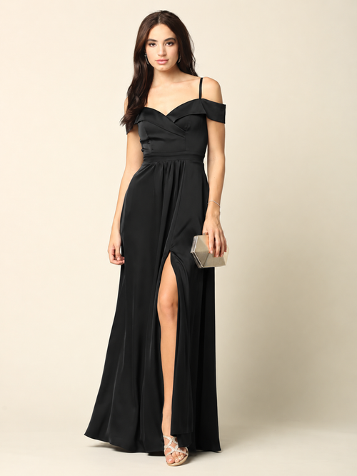 Off Shoulder Satin Evening Gown with Slit A-Line Formal Dress by Eva USA 3355