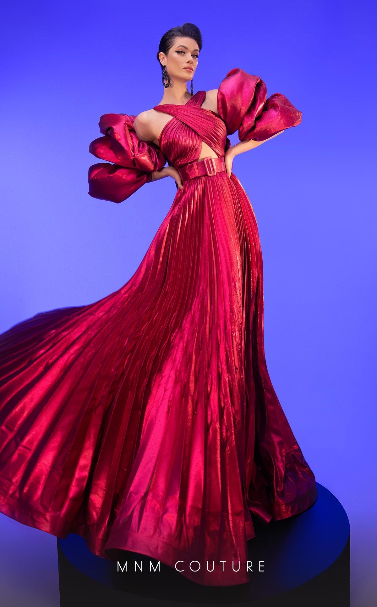 Fouad Sarkis F02808 Pleated Puff-Sleeve Gown