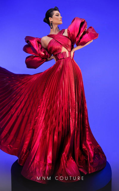 Fouad Sarkis F02808 Pleated Puff-Sleeve Gown