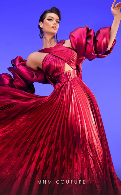 Fouad Sarkis F02808 Pleated Puff-Sleeve Gown