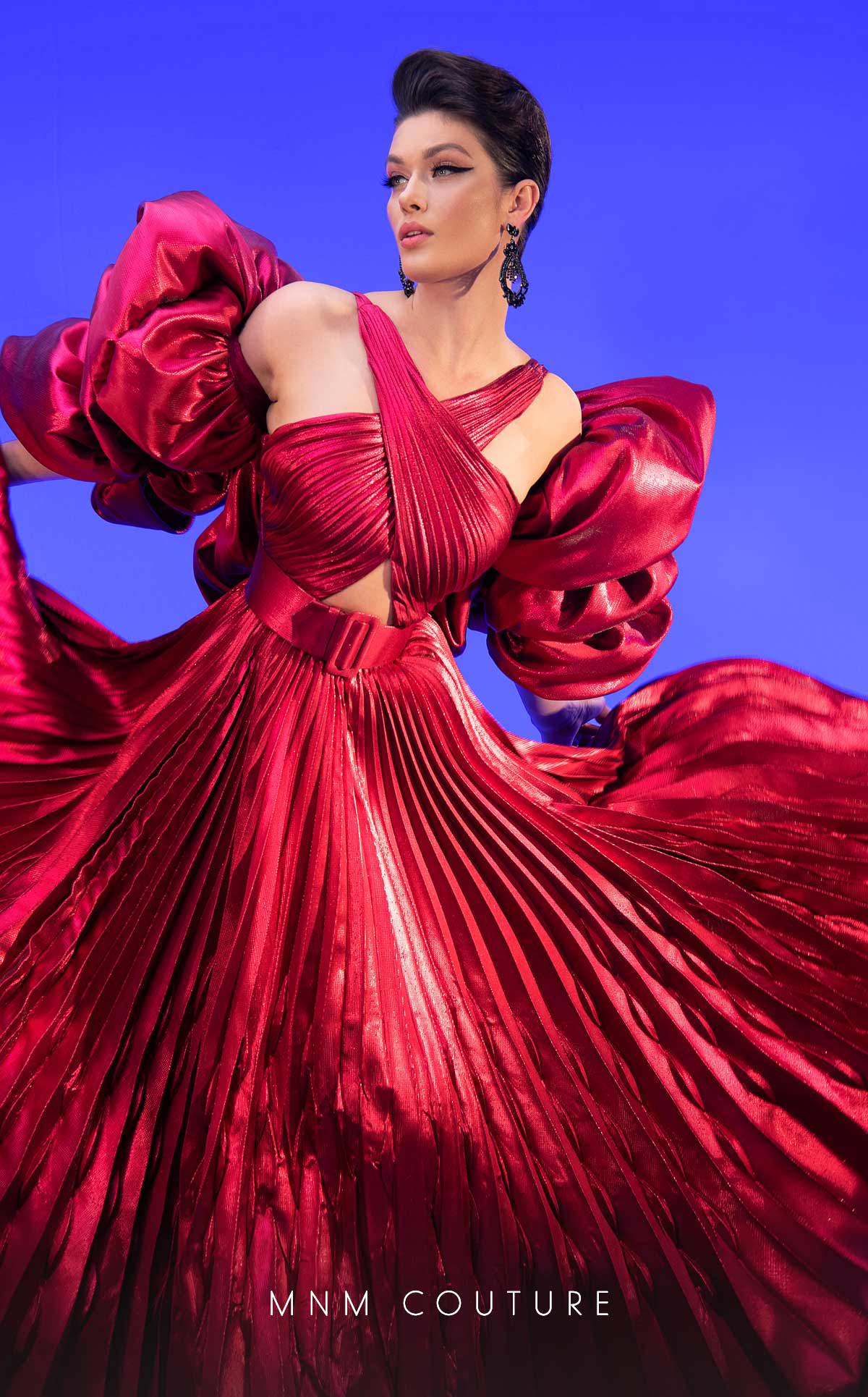 Fouad Sarkis F02808 Pleated Puff-Sleeve Gown
