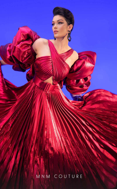 Fouad Sarkis F02808 Pleated Puff-Sleeve Gown