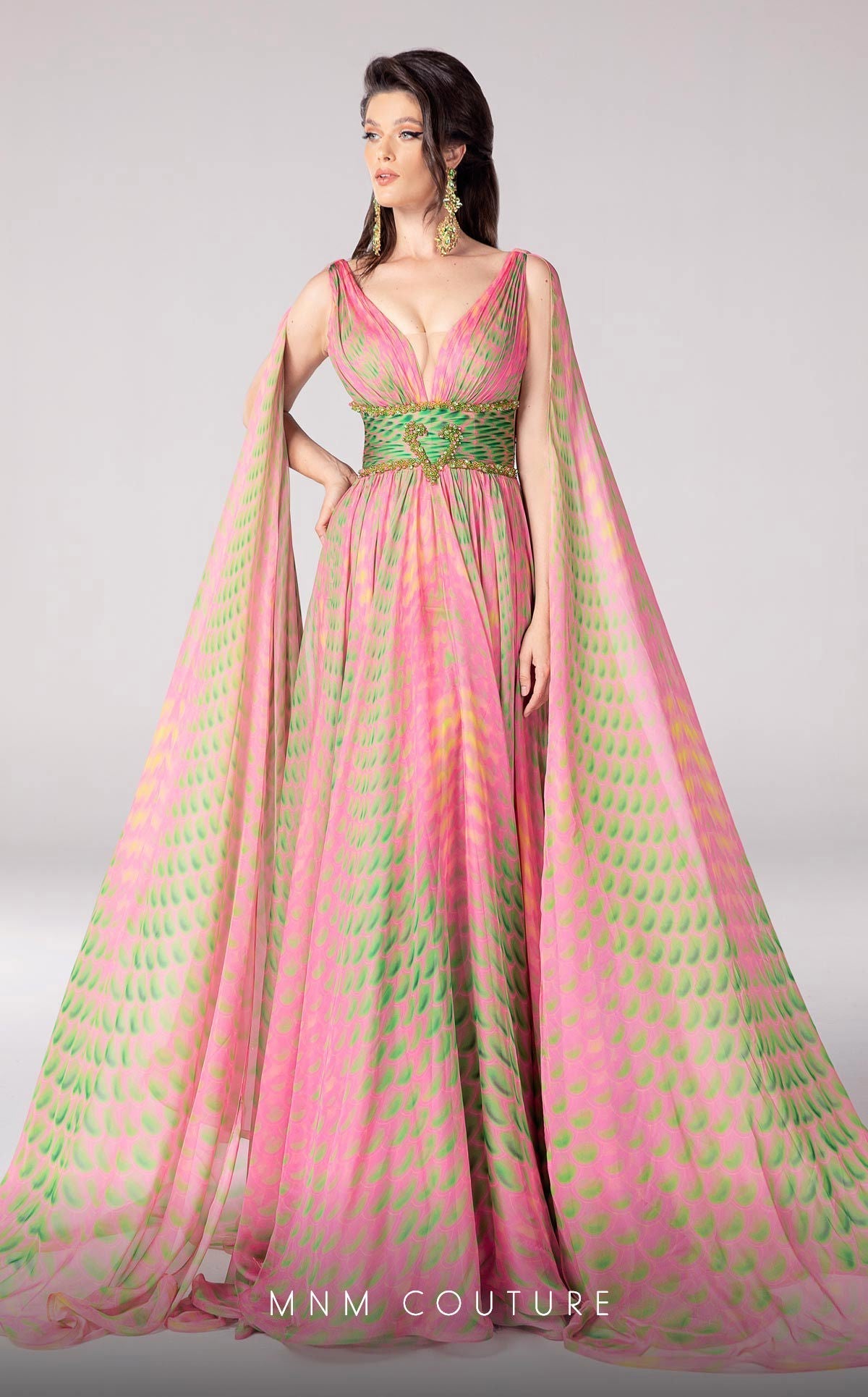 Fouad Sarkis F02828 Plunging Neck Cape Gown