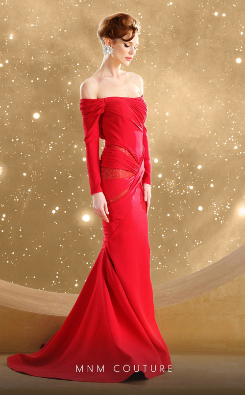 Fouad Sarkis F02848 Red Off-Shoulder Draped Mermaid Evening Gown