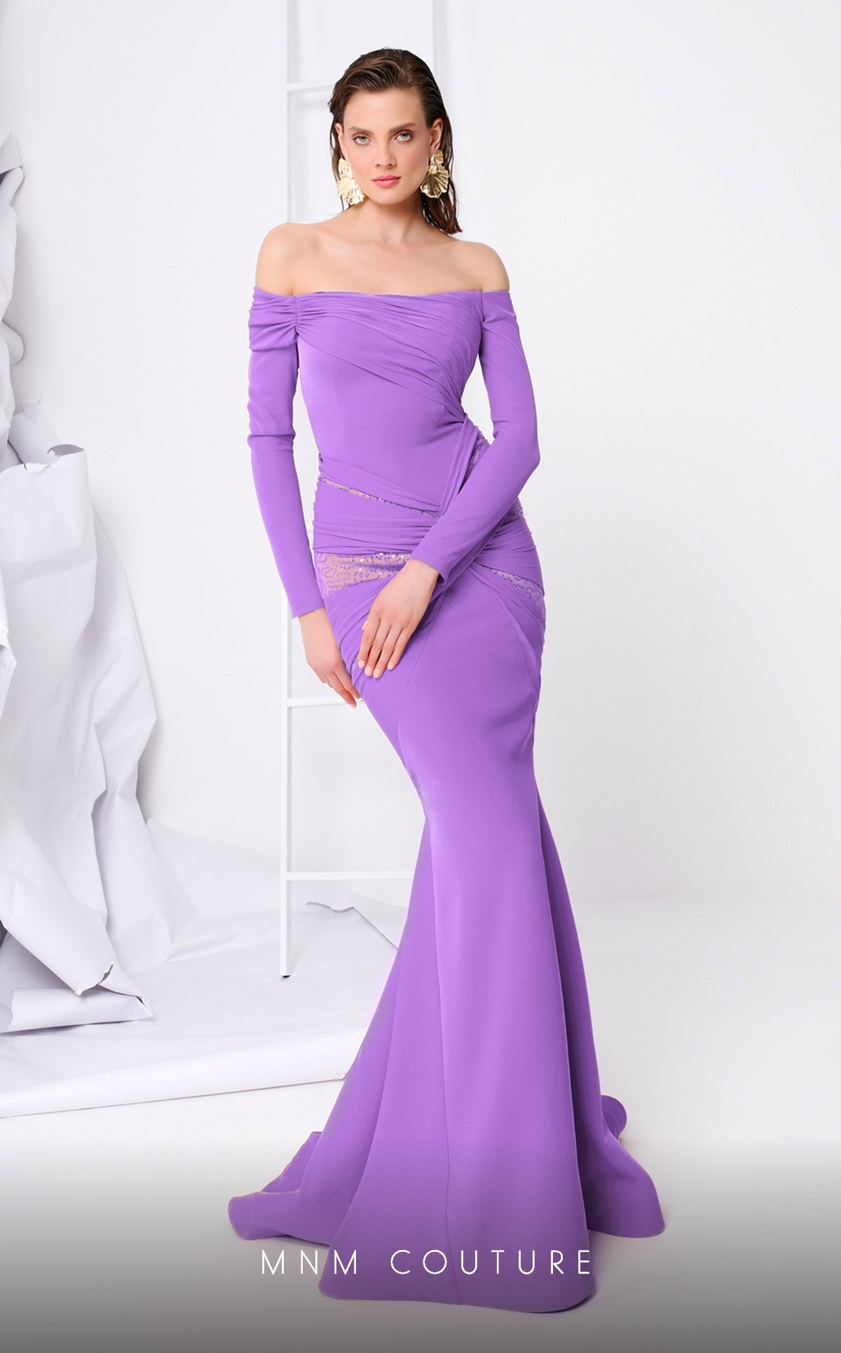 Fouad Sarkis F02848 Red Off-Shoulder Draped Mermaid Evening Gown