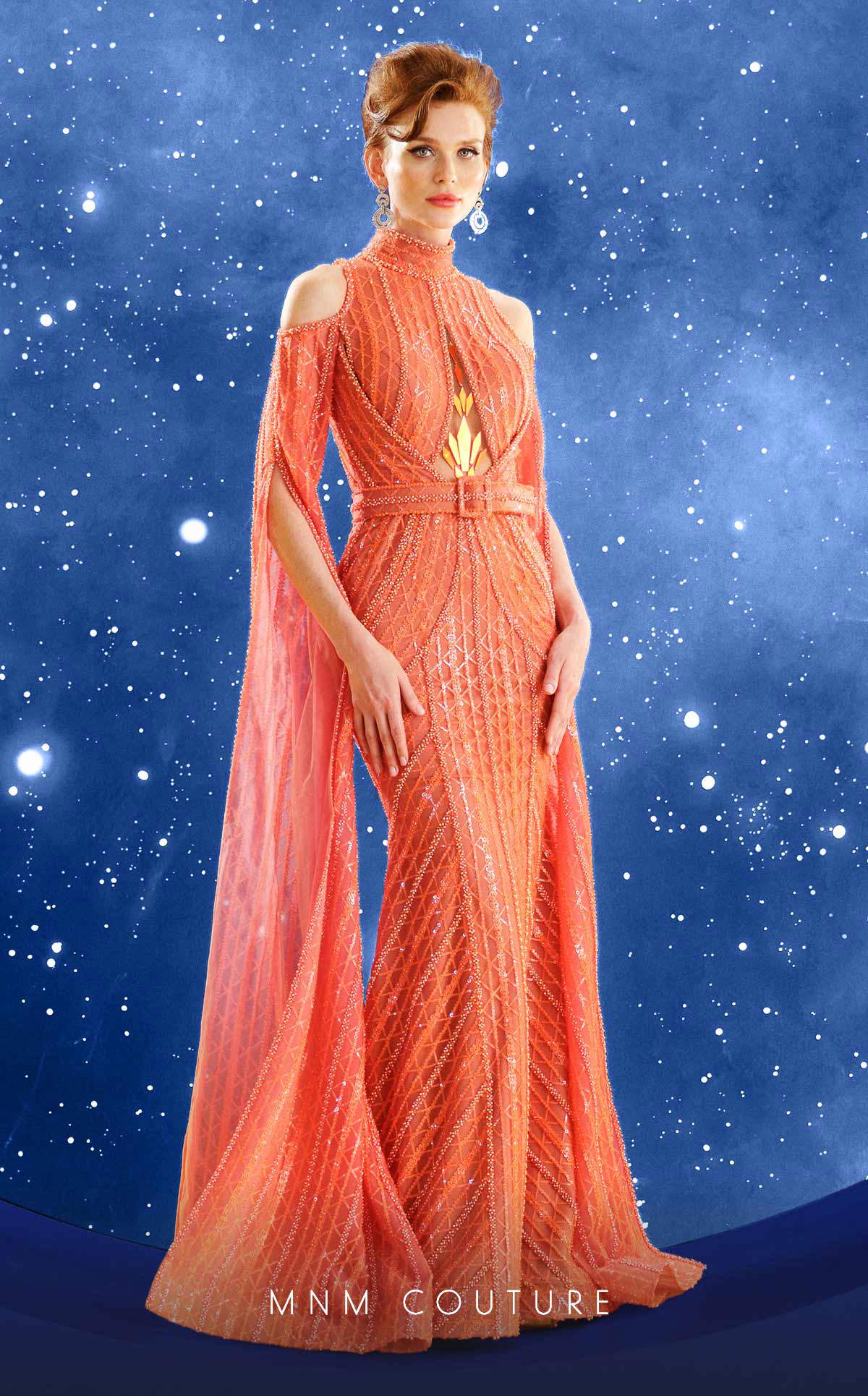 Fouad Sarkis Embroidered Mesh Gown with Cape Sleeves