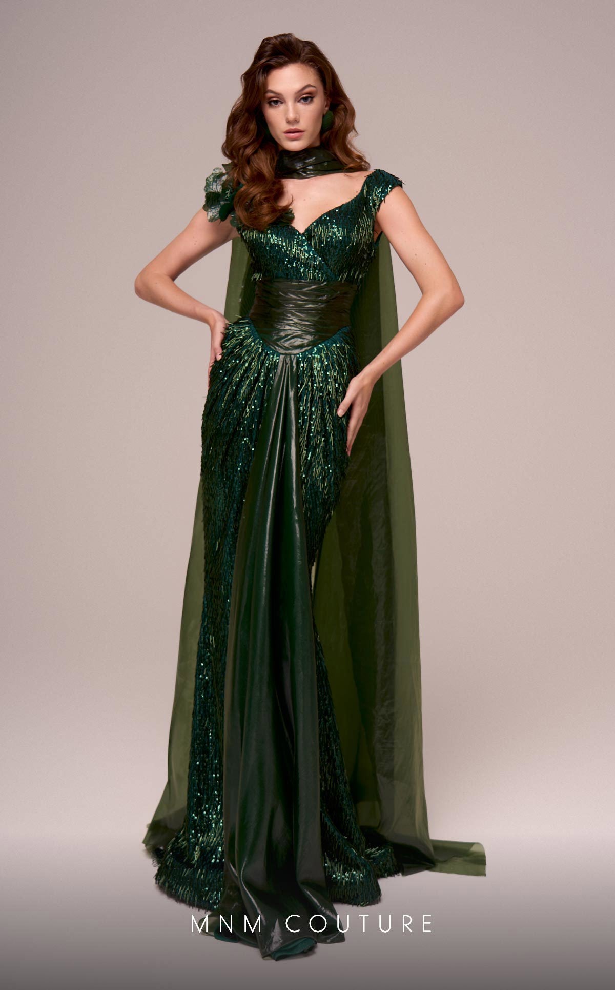 Fouad Sarkis F02889 Green Sequin Evening Gown