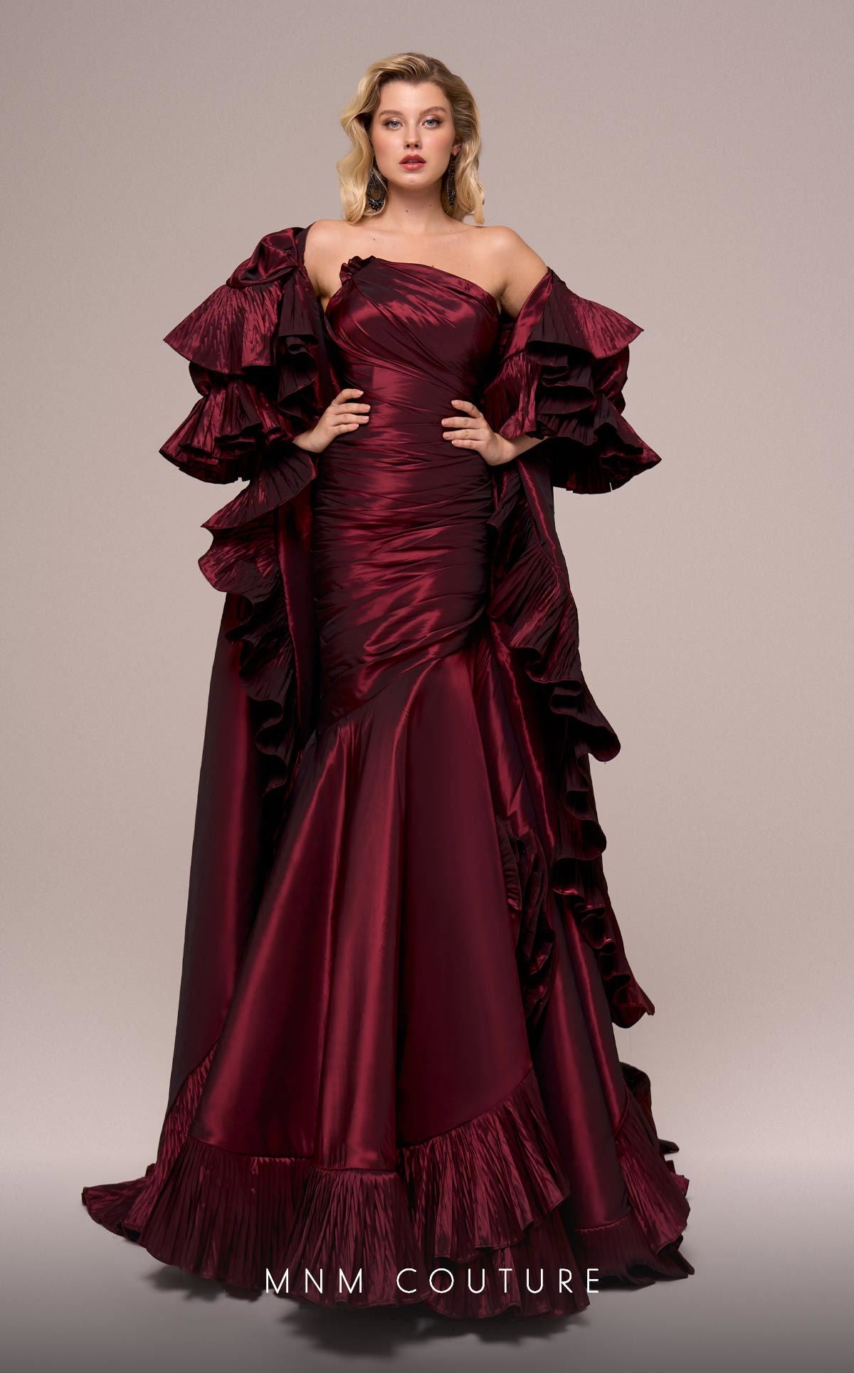 Fouad Sarkis F02893 Burgundy One-Shoulder Ruffled Evening Gown