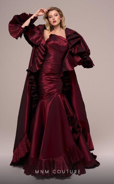 Fouad Sarkis F02893 Burgundy One-Shoulder Ruffled Evening Gown