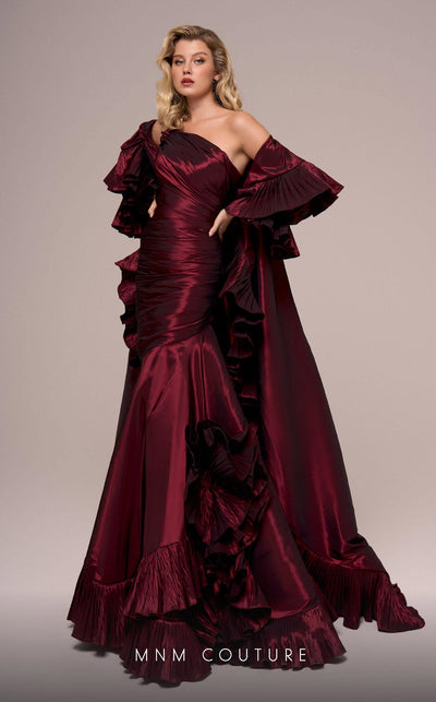 Fouad Sarkis F02893 Burgundy One-Shoulder Ruffled Evening Gown