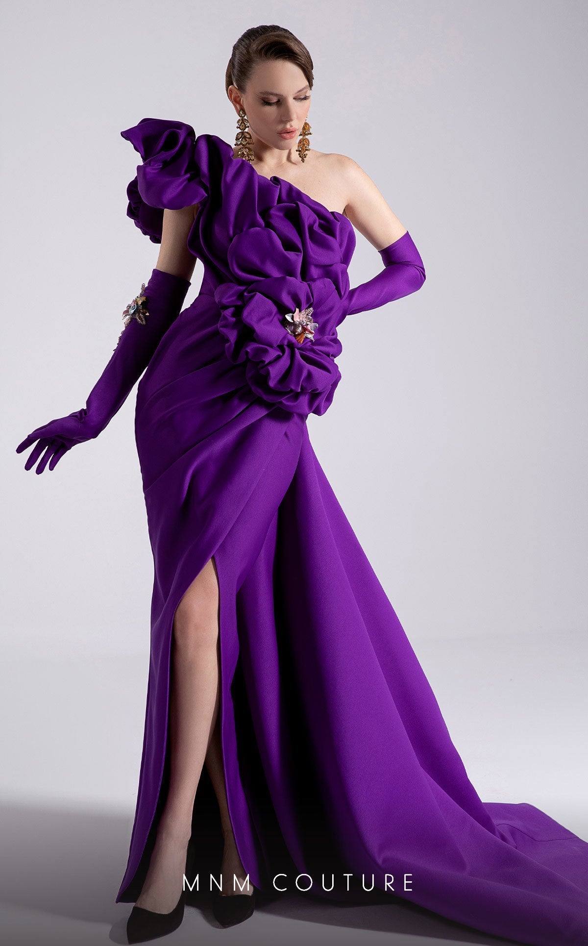 Fouad Sarkis F02904 One-Shoulder Column Gown with Train