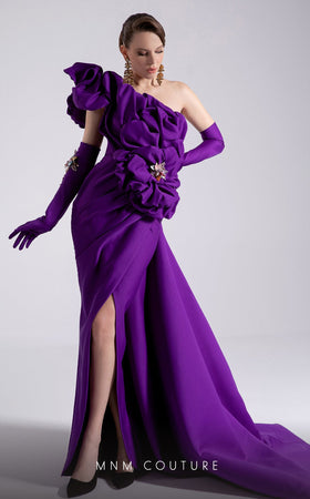 Fouad Sarkis F02904 One-Shoulder Column Gown with Train