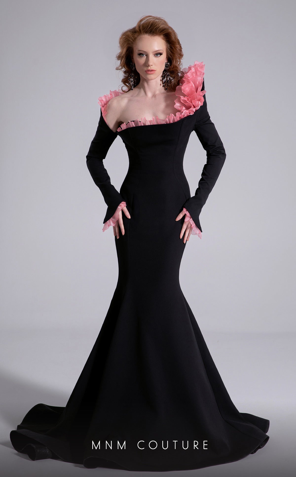 Fouad Sarkis F02905 Asymmetric Mermaid Gown with Organza Pleating