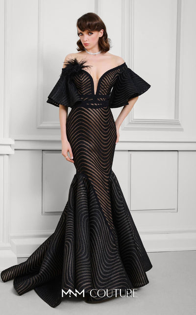 Fouad Sarkis F02925 Off-Shoulder Mesh Mermaid Gown in Black