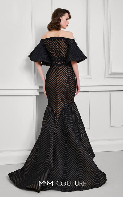 Fouad Sarkis F02925 Off-Shoulder Mesh Mermaid Gown in Black