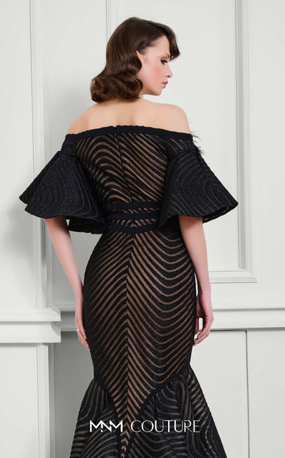 Fouad Sarkis F02925 Off-Shoulder Mesh Mermaid Gown in Black