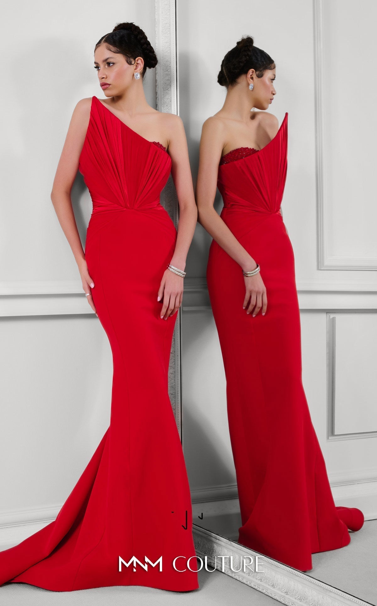 Fouad Sarkis F03100 Asymmetric Red Gown with Beaded Embroidery