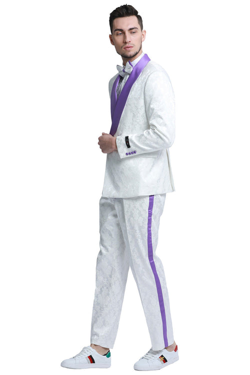 Chaqueta de esmoquin cruzada de cachemir y corte entallado para hombre, ideal para graduación y boda, en blanco y morado.