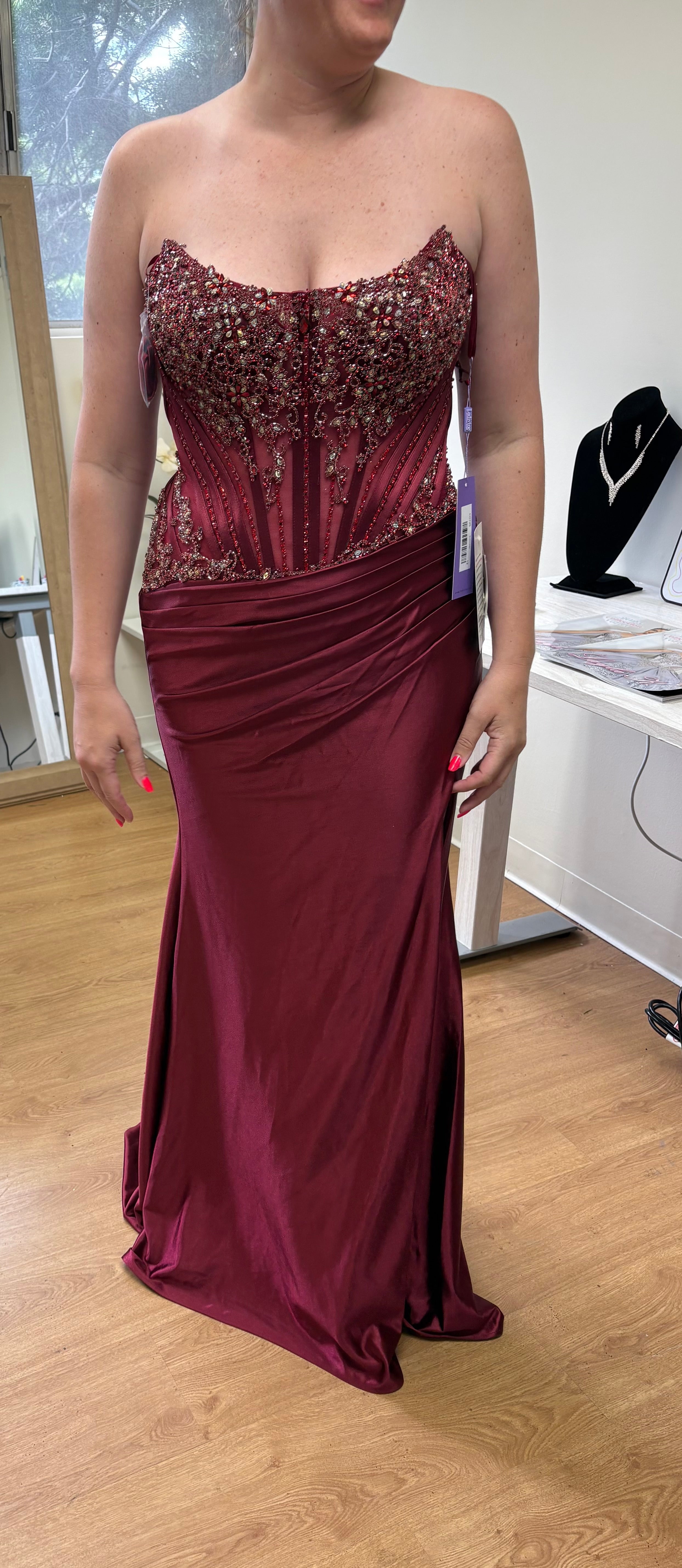 Ladivine CD725 Strapless Sequin Corset Prom Dress | Satin Mermaid Evening Gown