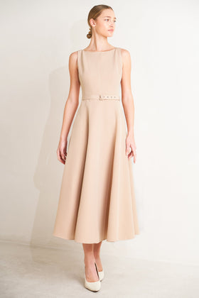 Flying Tomato 1237-A Beige Boat-Neck Midi Dress