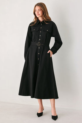 Flying Tomato 1242 Black Long Sleeve Midi Dress