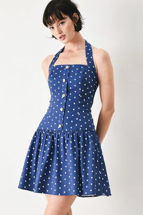 Flying Tomato 2088 Navy/White Halter Printed Dress