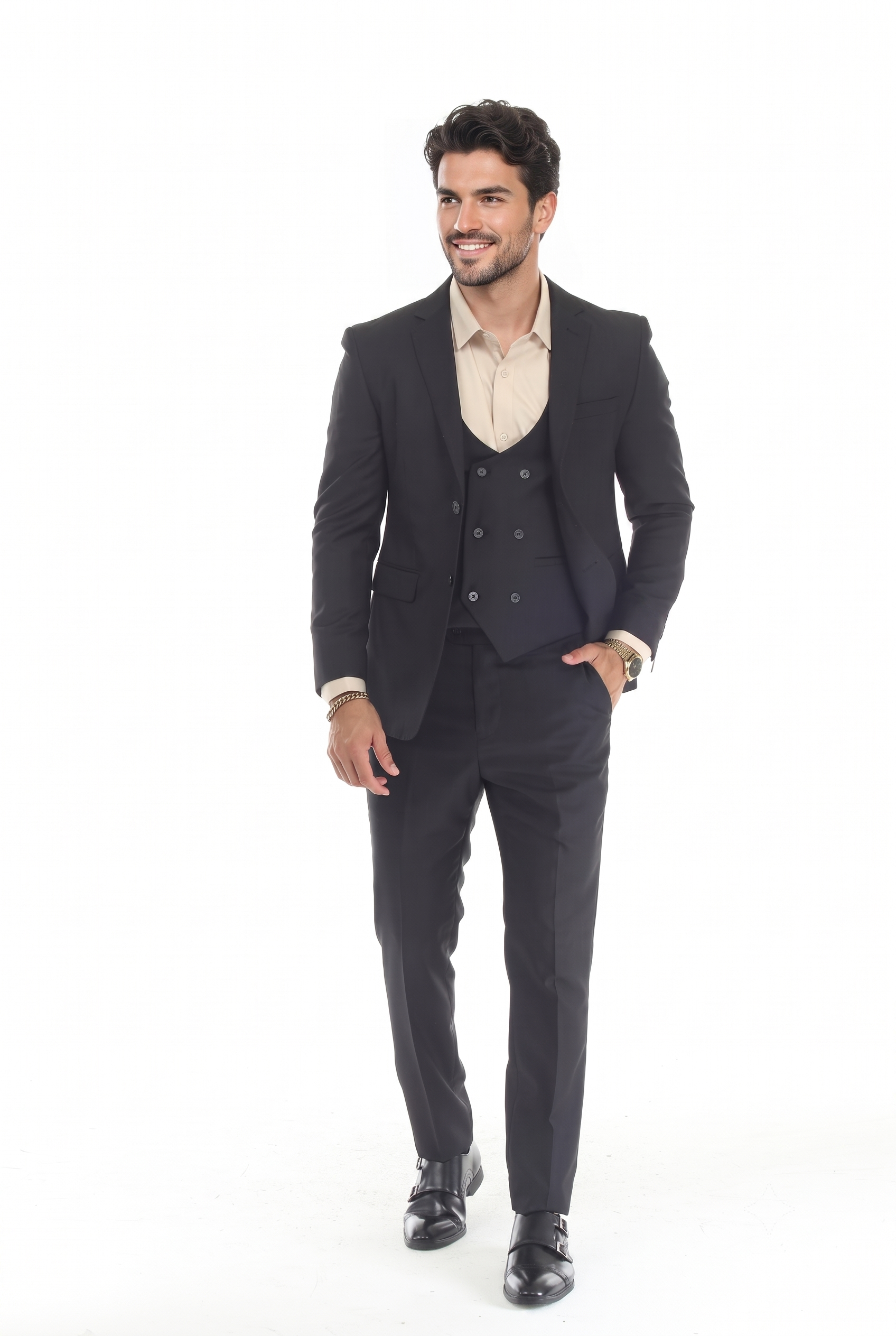 Black Men's 3-Piece Suit: Notch Lapel Jacket, Double-Breasted Vest & Pants, Active 2-Way Stretch Fabric