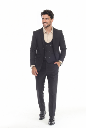 Black Men's 3-Piece Suit: Notch Lapel Jacket, Double-Breasted Vest & Pants, Active 2-Way Stretch Fabric
