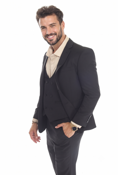 Black Men's 3-Piece Suit: Notch Lapel Jacket, Double-Breasted Vest & Pants, Active 2-Way Stretch Fabric