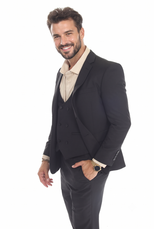 Black Men's 3-Piece Suit: Notch Lapel Jacket, Double-Breasted Vest & Pants, Active 2-Way Stretch Fabric